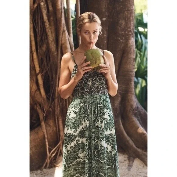 Anthropologie MOULINETTE SOEURS Brisbane Green Paisley Maxi Dress Knit Medium - Picture 12 of 16